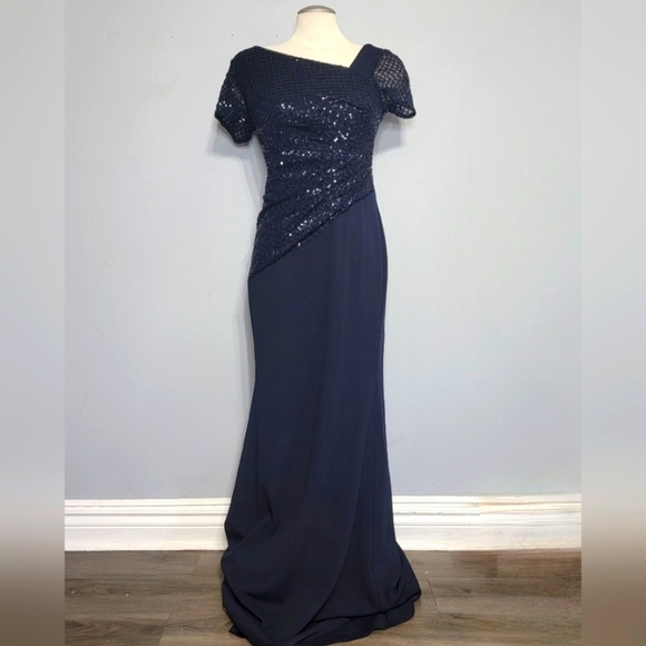 Adrianna Papell | Navy Blue Floor Length Sequin Crepe Dress Mother of Br… - Picture 1 of 13